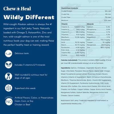 Chew + Heal Limited Ingredient Wild Alaskan Salmon Multivitamin Soft Jerky Dog Treats, 12-oz and 5-oz