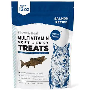 Chew + Heal Limited Ingredient Wild Alaskan Salmon Multivitamin Soft Jerky Dog Treats, 12-oz and 5-oz