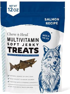 Chew + Heal Limited Ingredient Wild Alaskan Salmon Multivitamin Soft Jerky Dog Treats, 12-oz and 5-oz