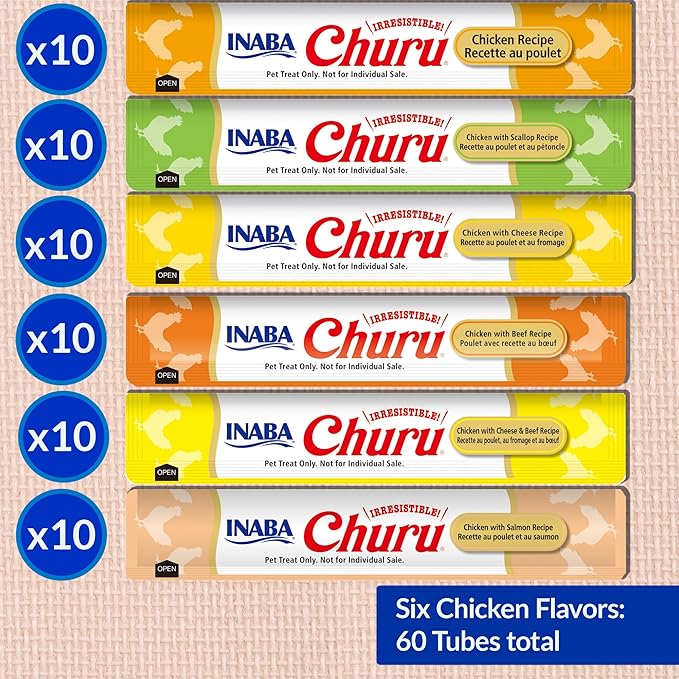 INABA Churu Cat Treats, Grain-Free Lickable Purée, Chicken Variety Pack (60 x 0.5 oz Tubes)