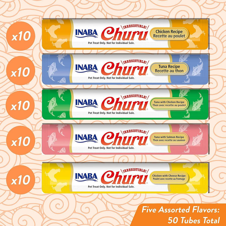 INABA Churu Lickable Purée Cat Treat, Grain-Free & Preservative-Free with Vitamin E & Green Tea, Tuna & Chicken Variety, 50 Tubes