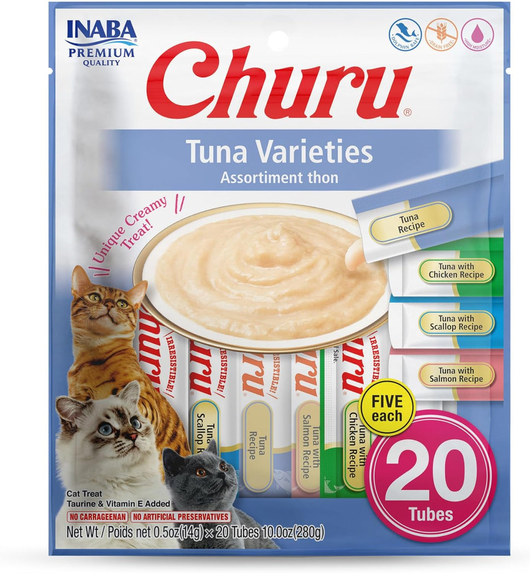 INABA Churu Grain-Free Lickable Cat Treats – Tuna, 20 Tubes (0.5 oz each), with Vitamin E & Taurine, Creamy Purée Topper