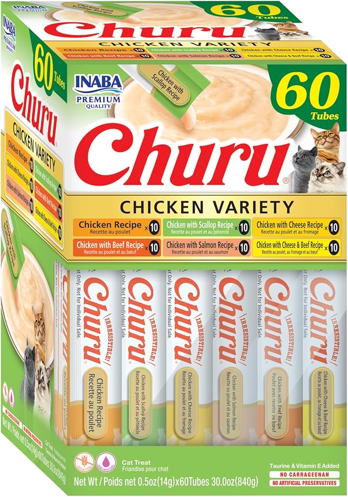 INABA Churu Cat Treats, Grain-Free Lickable Purée, Chicken Variety Pack (60 x 0.5 oz Tubes)