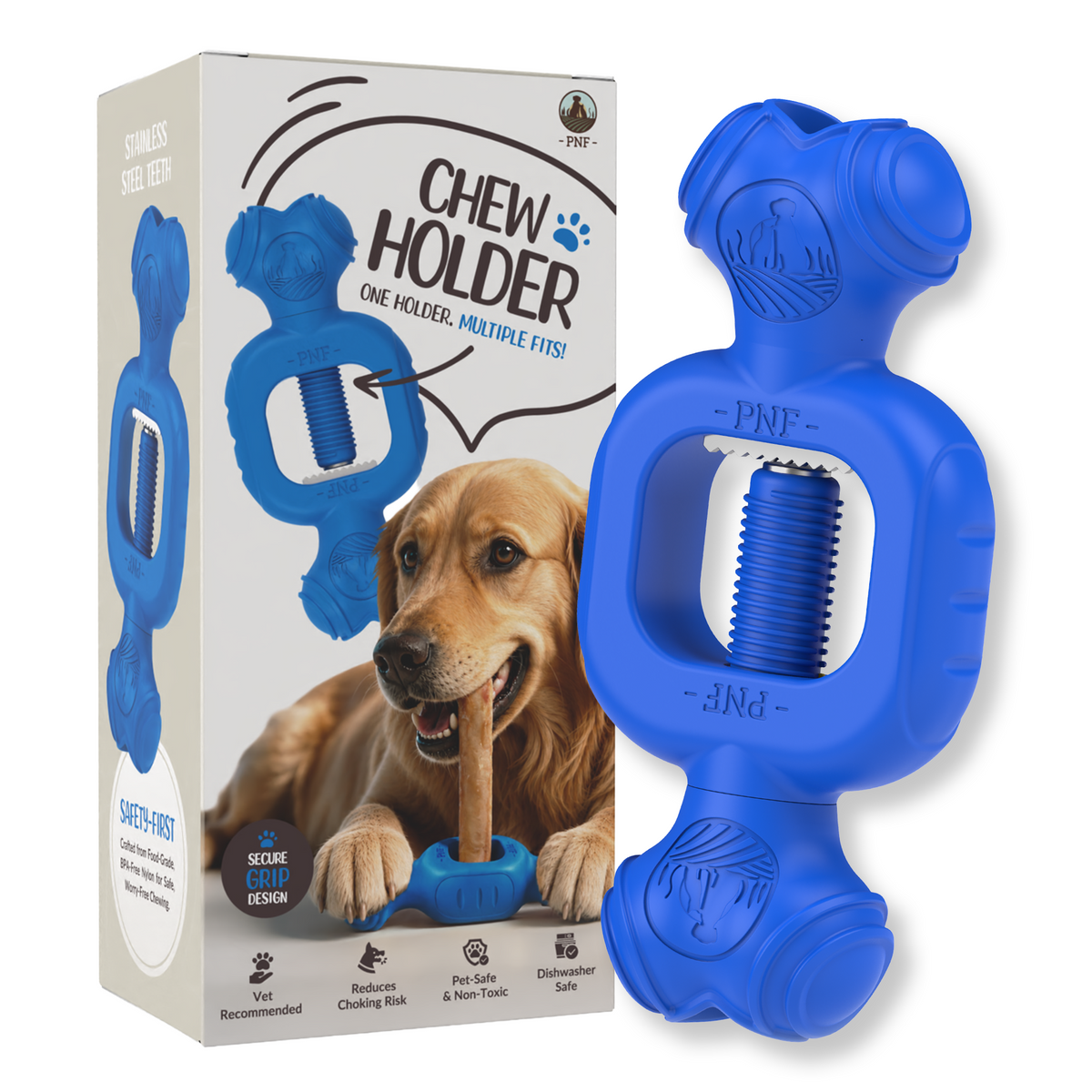 Blue dog chew holder toy shown next to its retail box. The box features a photo of a golden retriever chewing a bone and text reading 'Chew Holder'.