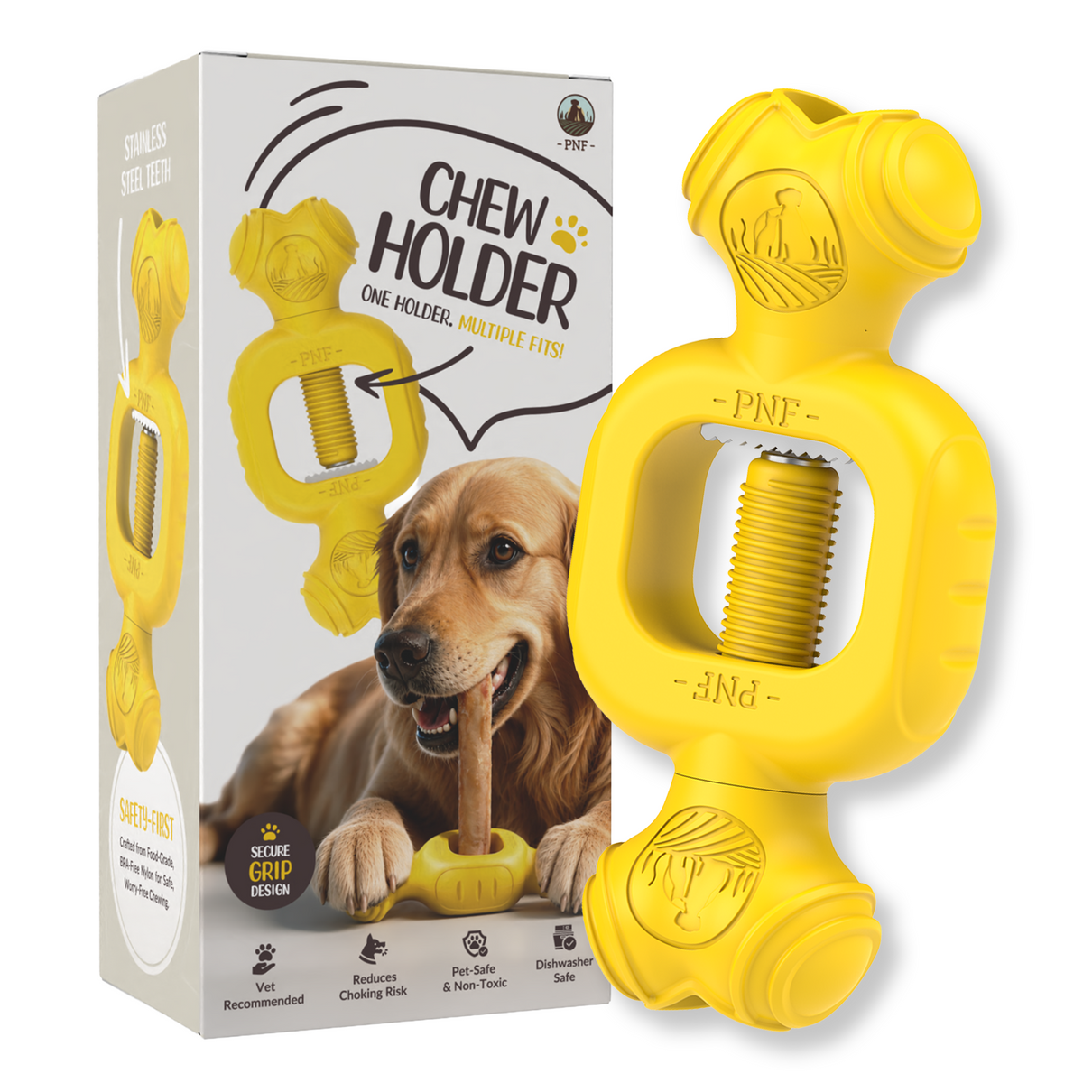 Yellow dog chew holder toy shown next to its retail packaging box. The box features a golden retriever dog and text reading 'Chew Holder' and 'One Holder, Multiple Fits!'.