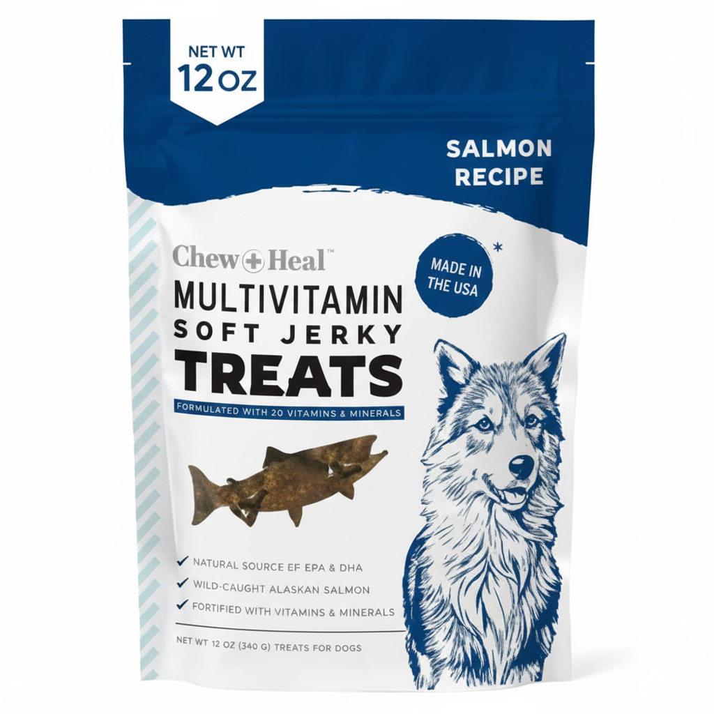 Chew + Heal Limited Ingredient Wild Alaskan Salmon Multivitamin Soft Jerky Dog Treats, 12-oz and 5-oz