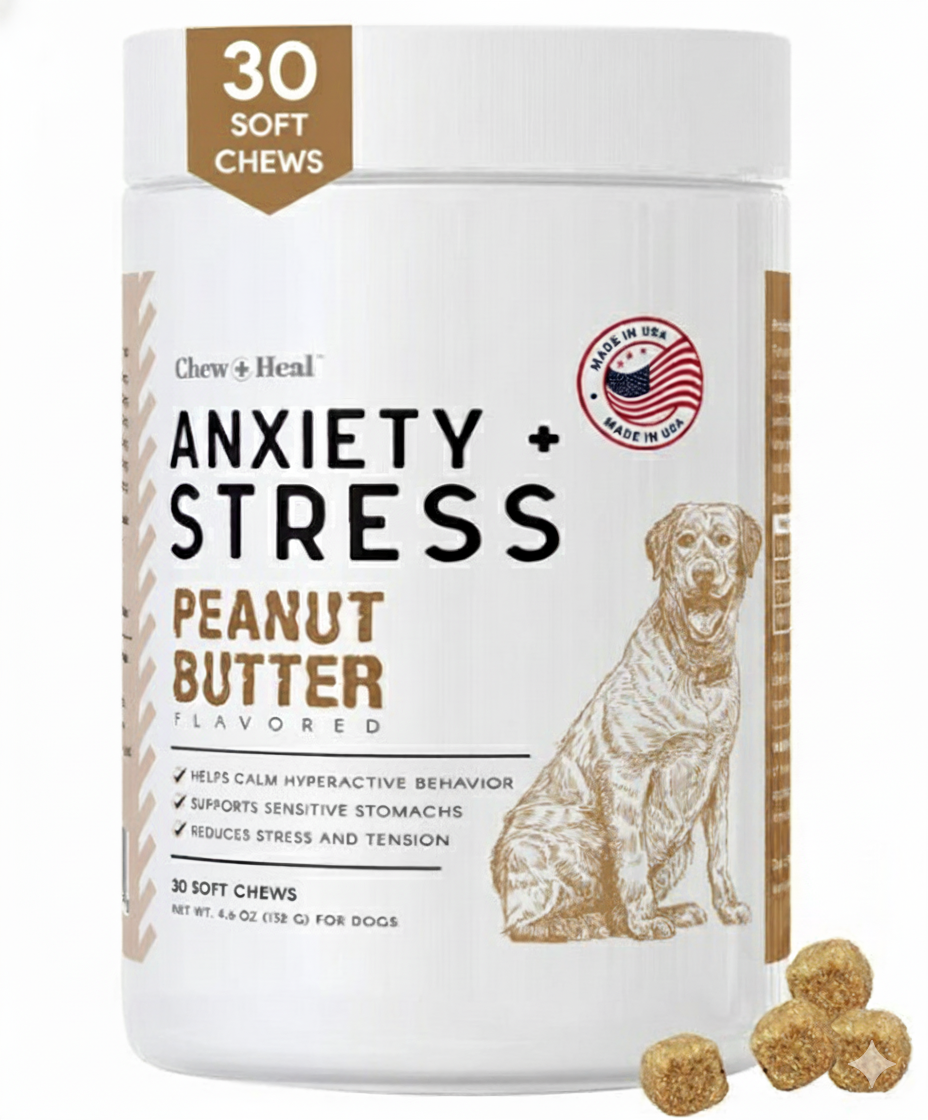 Chew + Heal Anxiety + Stress Peanut Butter Flavored Soft Chew Calming Dog Supplement 30 count