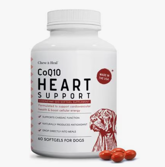 Chew + Heal CoQ10 Heart Support Softgels Supplement for Dogs, 60 count.