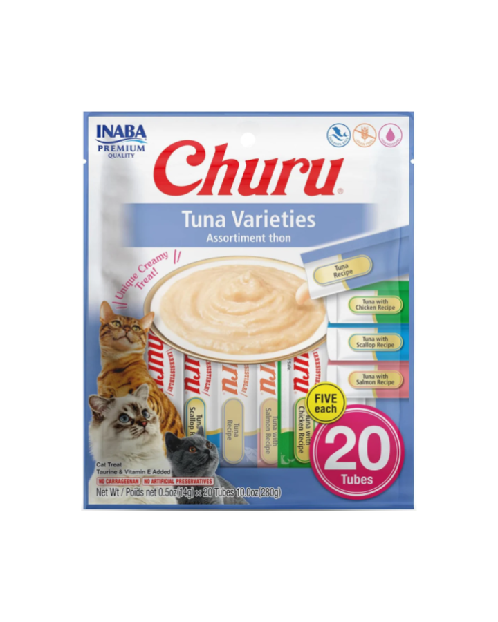 INABA Churu Grain-Free Lickable Cat Treats – Tuna, 20 Tubes (0.5 oz each), with Vitamin E & Taurine, Creamy Purée Topper