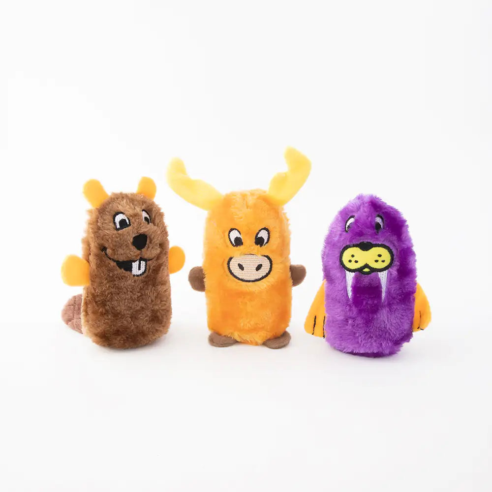 Squeaky Plush Beaver, Moose and Walrus Dog Toys, 3-Pack