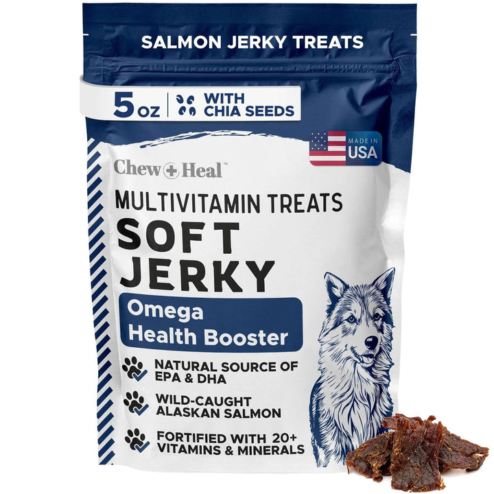 Chew + Heal Limited Ingredient Wild Alaskan Salmon Multivitamin Soft Jerky Dog Treats, 12-oz and 5-oz