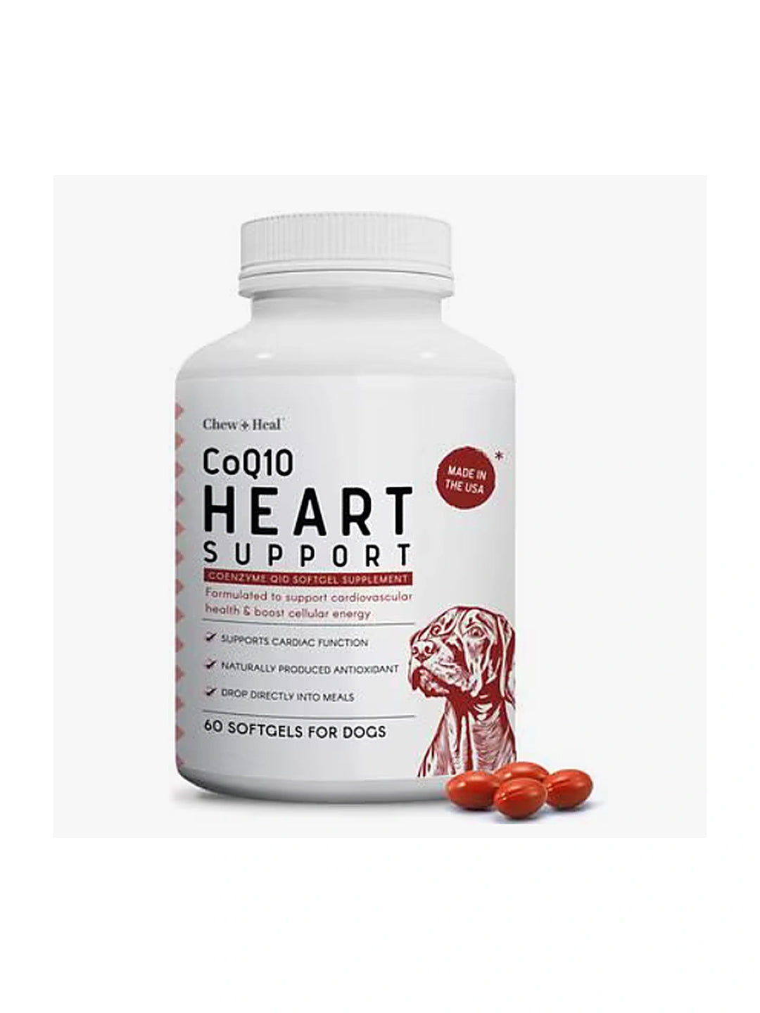 Chew + Heal CoQ10 Heart Support Softgels Supplement for Dogs, 60 count.