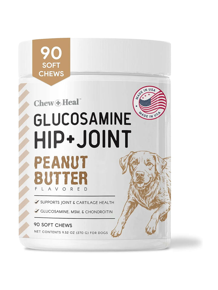 Chew + Heal Glucosamine Hip + Joint Peanut Butter Flavored Soft Chew Joint Supplement for Dogs, 90 count