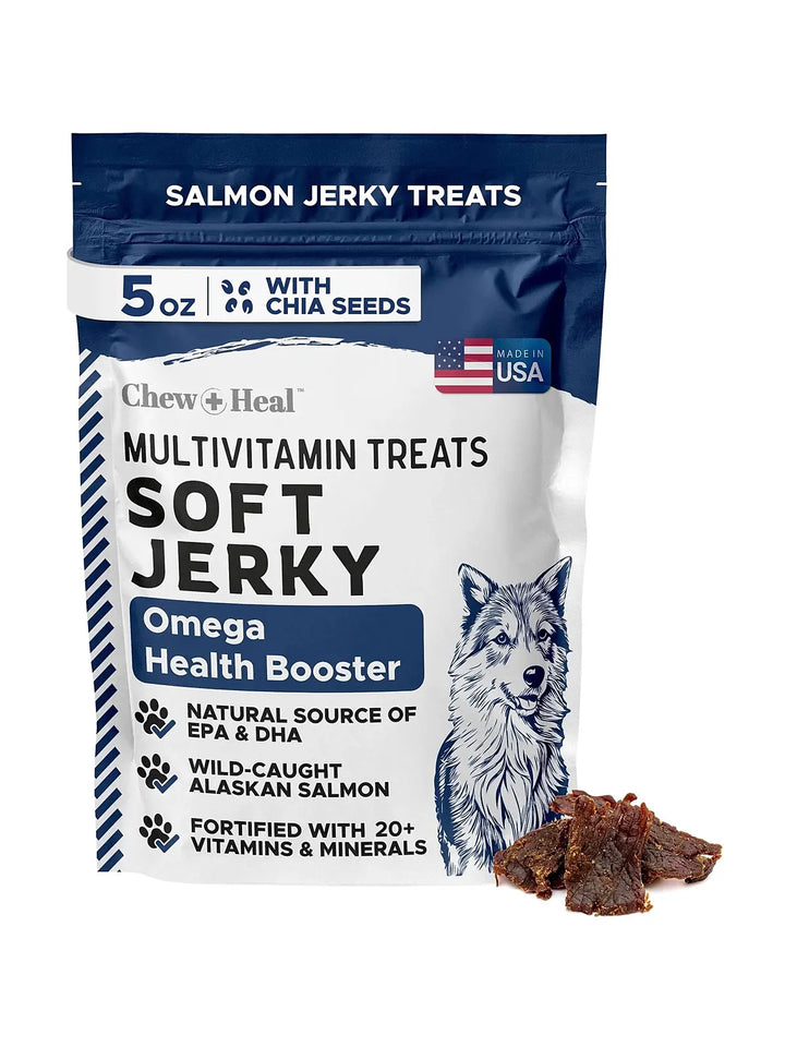 Chew + Heal Limited Ingredient Wild Alaskan Salmon Multivitamin Soft Jerky Dog Treats, 12-oz and 5-oz