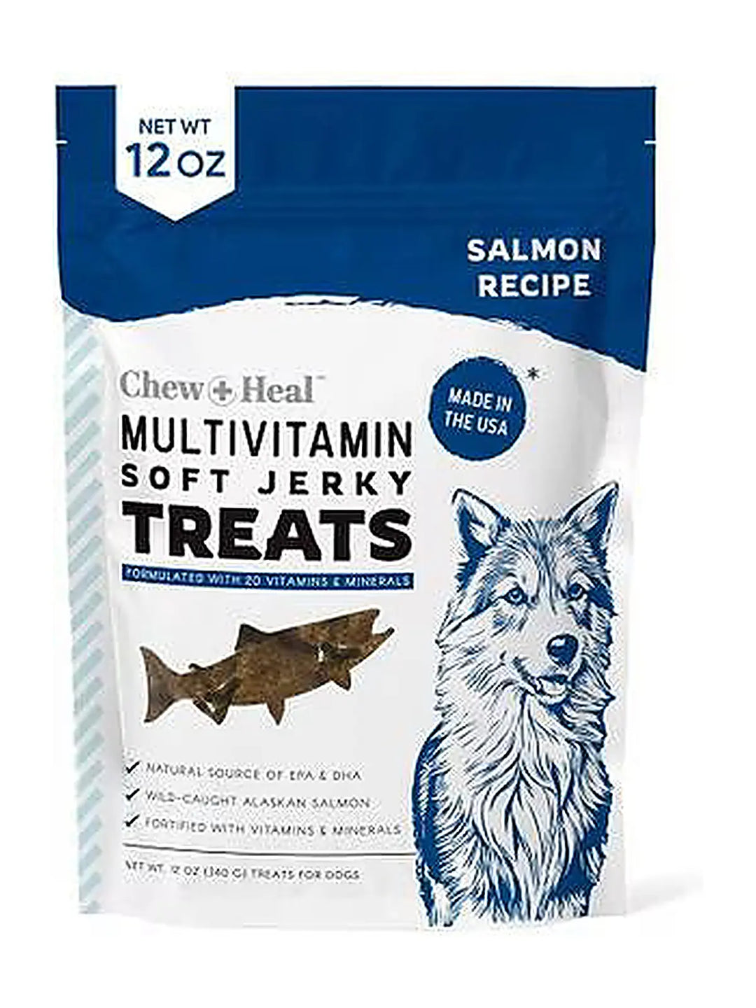 Chew + Heal Limited Ingredient Wild Alaskan Salmon Multivitamin Soft Jerky Dog Treats, 12-oz and 5-oz