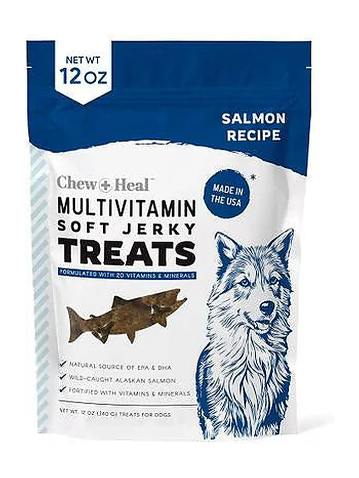 Chew + Heal Limited Ingredient Wild Alaskan Salmon Multivitamin Soft Jerky Dog Treats, 12-oz and 5-oz