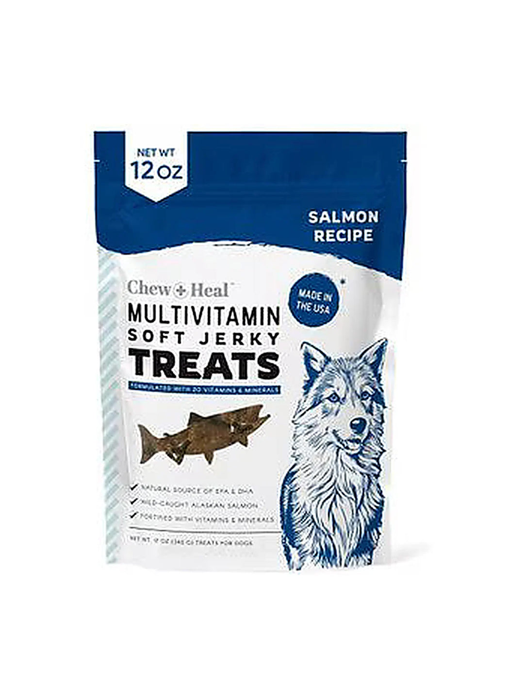 Chew + Heal Limited Ingredient Wild Alaskan Salmon Multivitamin Soft Jerky Dog Treats, 12-oz and 5-oz