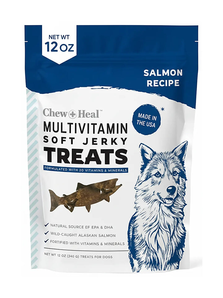 Chew + Heal Limited Ingredient Wild Alaskan Salmon Multivitamin Soft Jerky Dog Treats, 12-oz and 5-oz