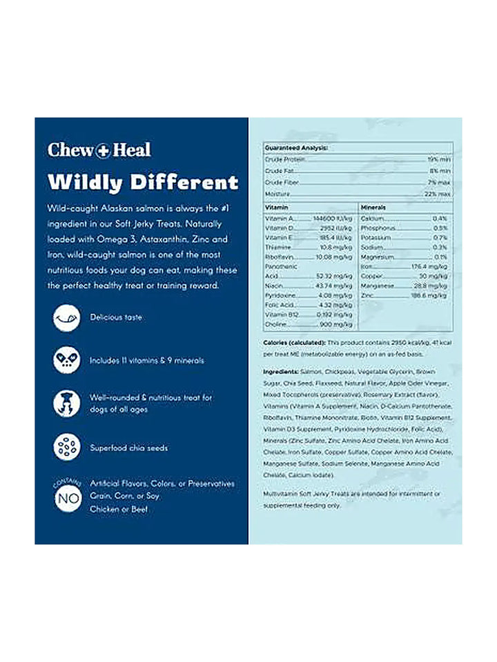 Chew + Heal Limited Ingredient Wild Alaskan Salmon Multivitamin Soft Jerky Dog Treats, 12-oz and 5-oz