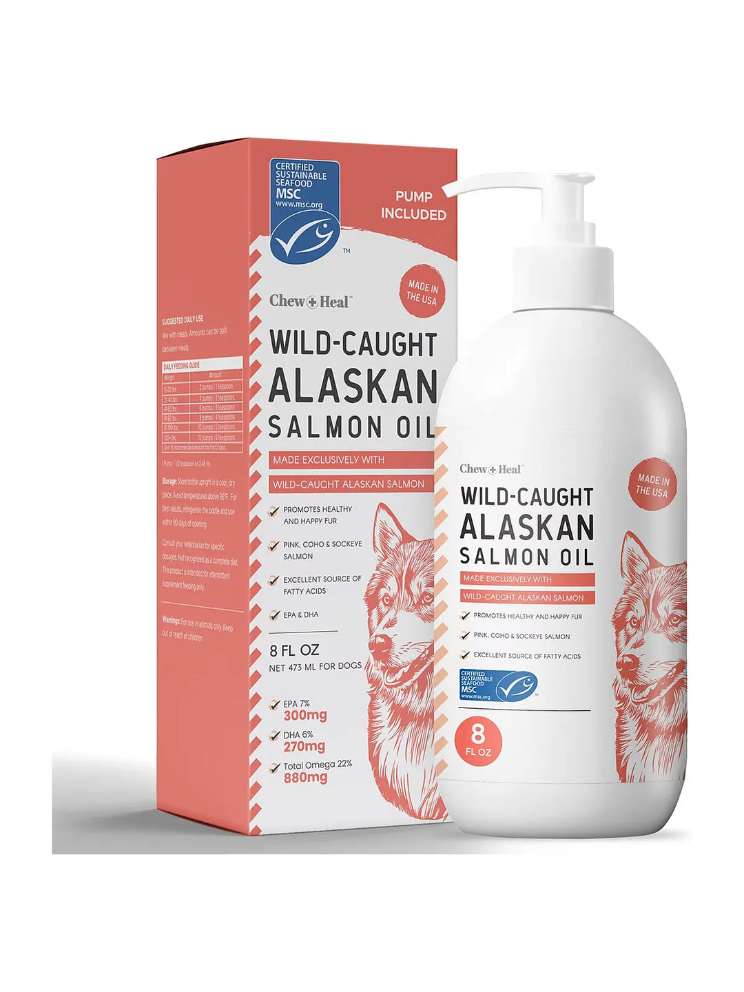 Chew + Heal MSC-Certified Pure Wild-Caught Alaskan Salmon Oil Skin & Coat Supplement for Dogs 8 oz