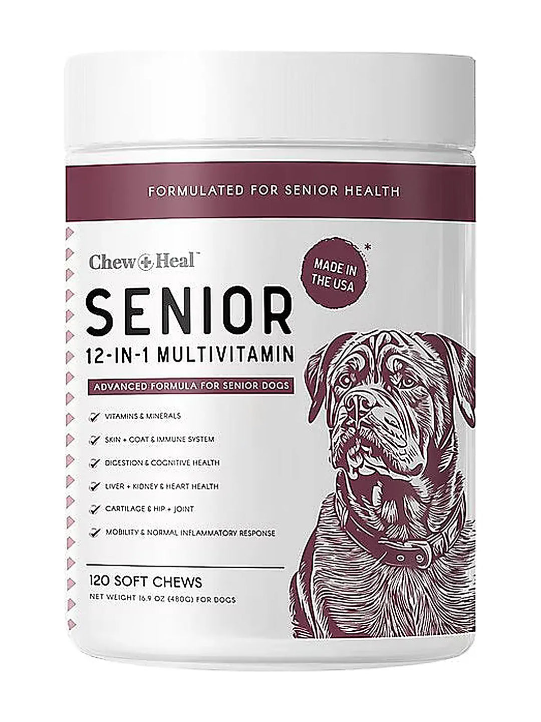 Chew + Heal Senior 12-In-1 Advanced Multivitamin Soft Chews Supplement for Senior Dogs, 120 count