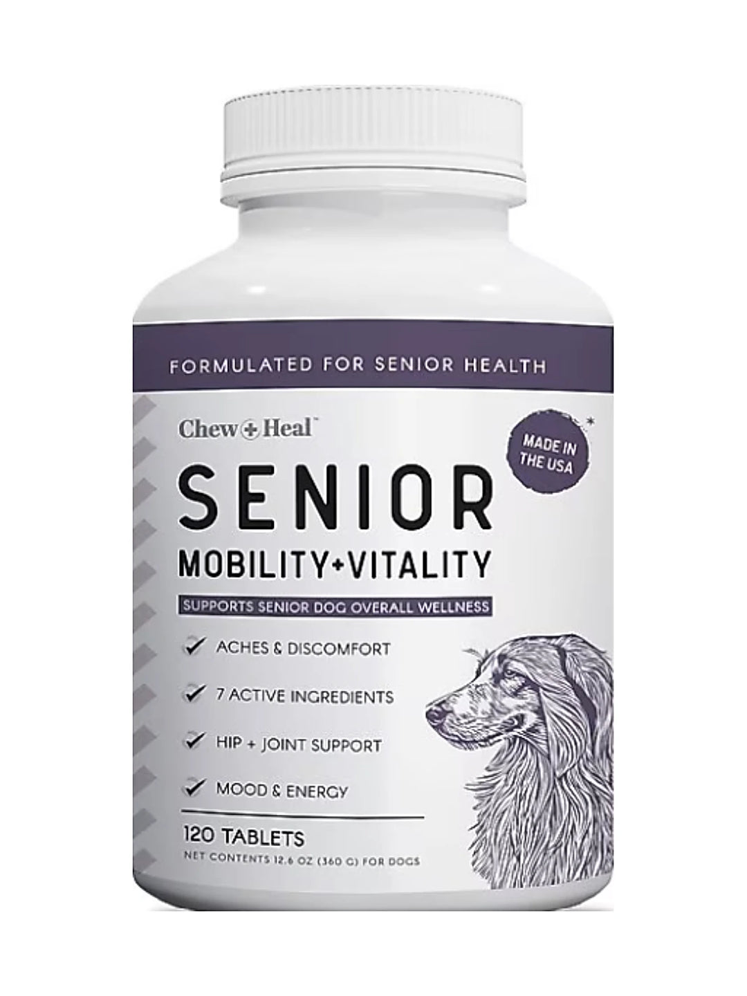 Chew + Heal Senior Mobility + Vitality Hip & Joint & Mood Support Chewable Tablets Supplement for Dogs, 120 count