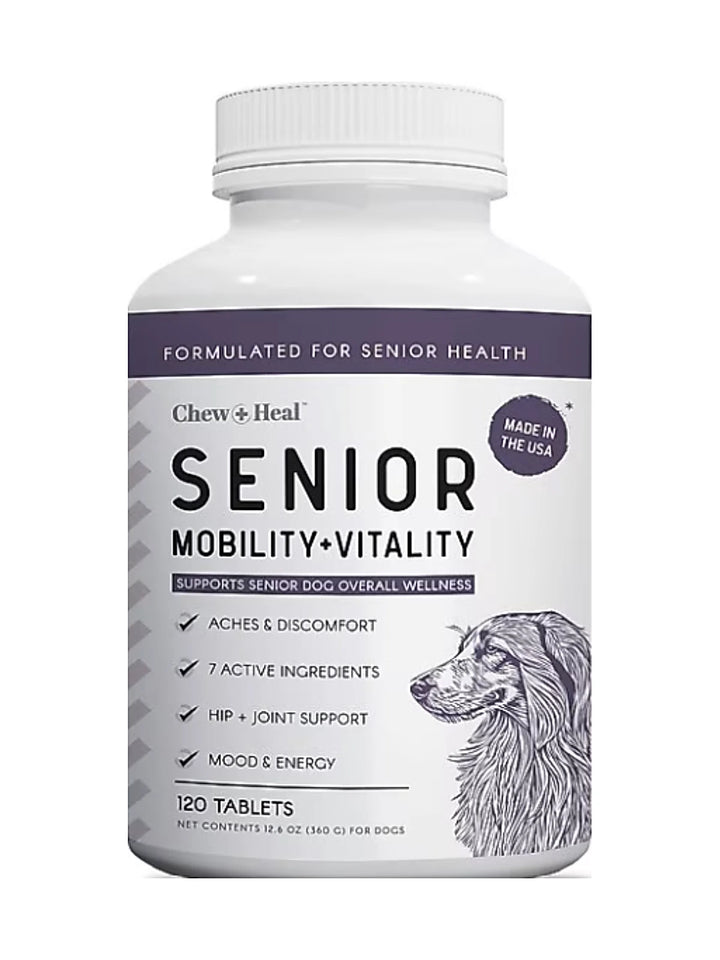 Chew + Heal Senior Mobility + Vitality Hip & Joint & Mood Support Chewable Tablets Supplement for Dogs, 120 count